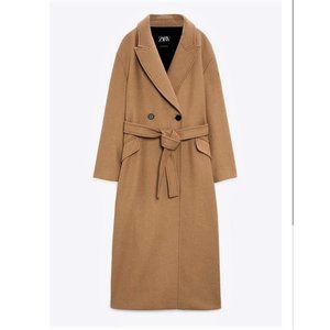 NWT ZARA Belted Double Breasted Wool Blend Coat, Taupe Brown, Sz XL